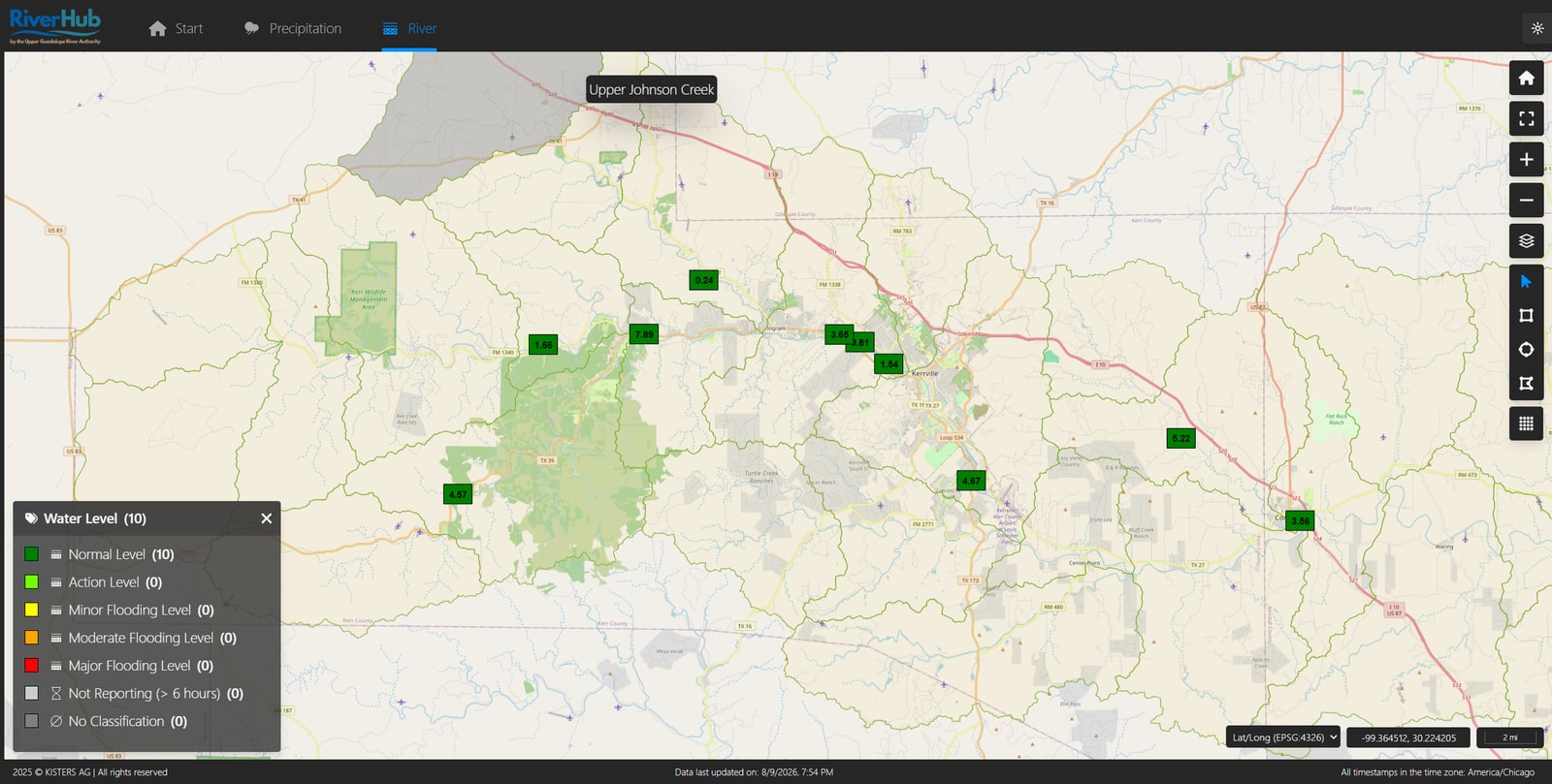 UGRA | Kiskers Wiski Web Dashboard selectivly showing side-by-side river levels only, omitting side-by-side cubic flow per second amounts | August 9, 2026 @ 7:48 P.M.