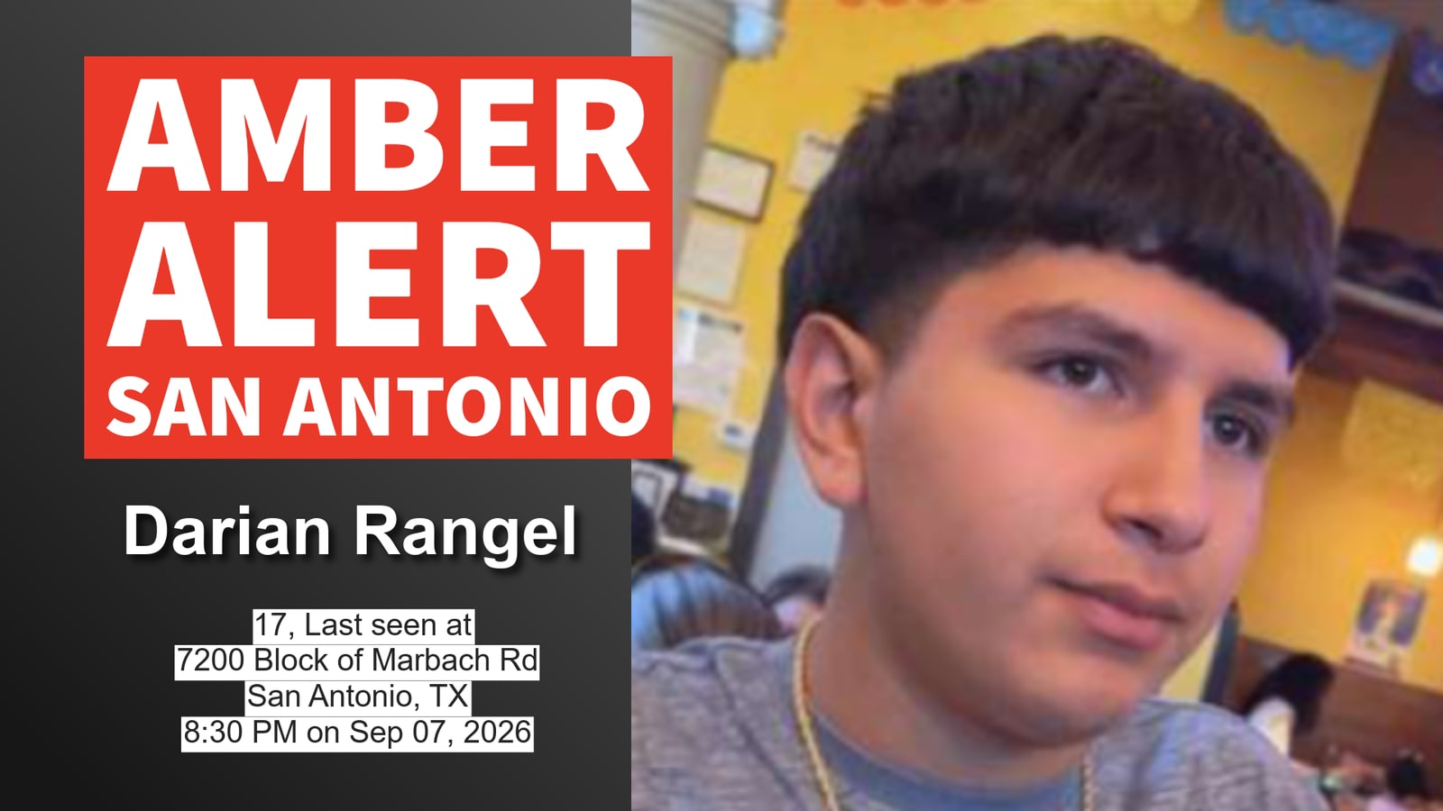 Amber Alert Issued for 17-Year-Old Darian Rangel, Last Seen in San Antonio